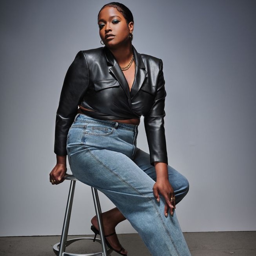 Eloquii Black Faux Leather Cropped wrap blazer size 18W